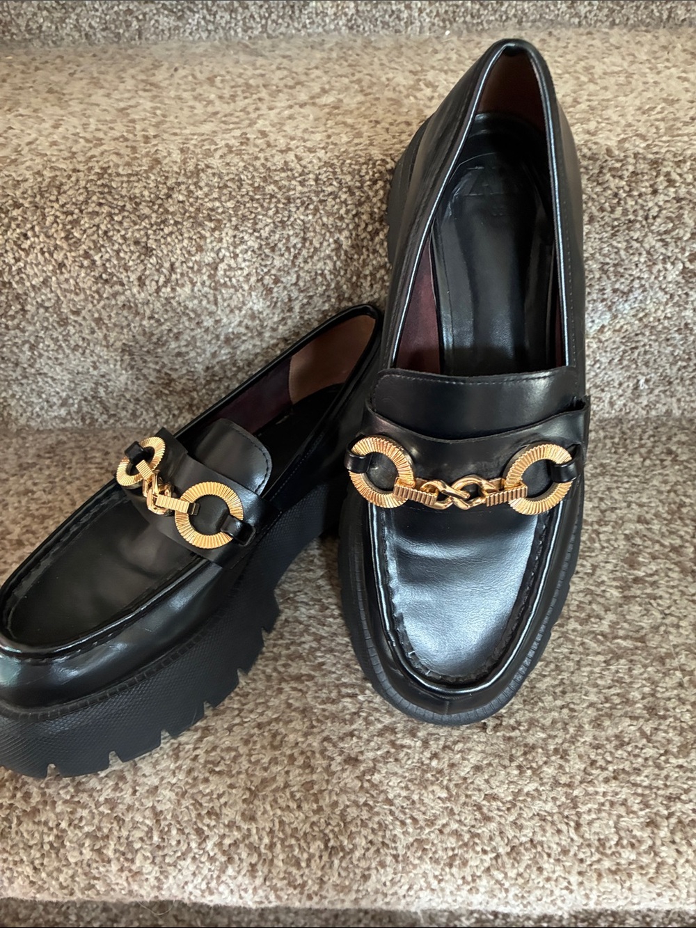 Zara Black Leather Loafers with Gold Chain Detail size 8